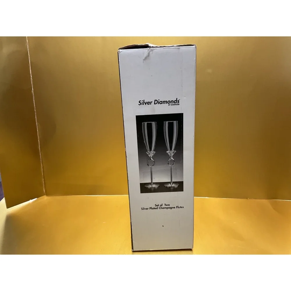 Godinger Silver Diamonds Champagne Flutes Set of 2 Silver Plated Ring Stem 6706